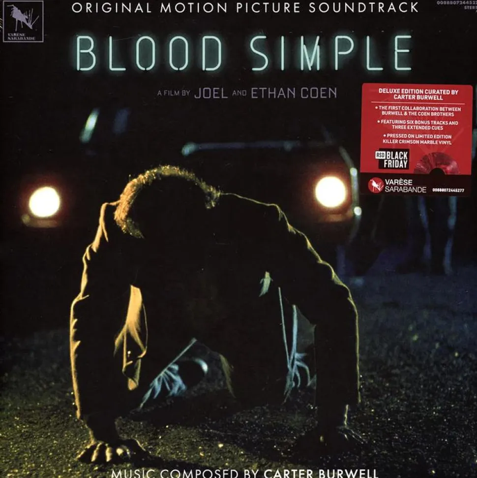 Blood Simple - Original Motion Picture Soundtrack by Carter Burwell Deluxe Edition LP Vinyl Record (Record Store Day Black Friday Exclusive Killer Crimson Marble Coloured Vinyl)