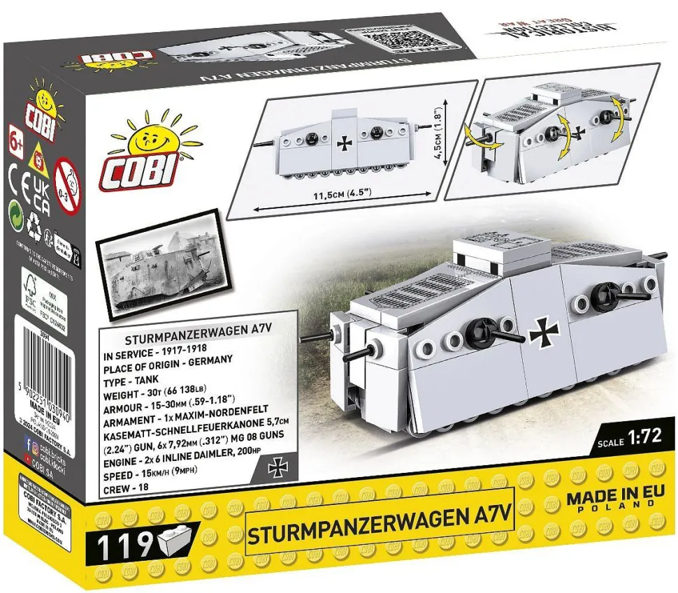 Cobi: Great War - Sturmpanzerwagen A7V Tank Historical Collection 1/72 Scale Building Block Construction Set (119 Pieces)