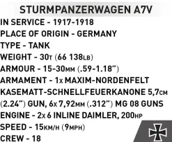 Cobi: Great War - Sturmpanzerwagen A7V Tank Historical Collection 1/72 Scale Building Block Construction Set (119 Pieces)