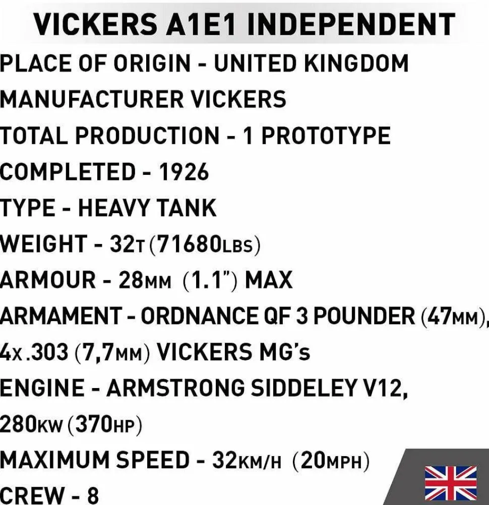 Cobi: Great War - Vickers A1E1 Independent Tank Historical Collection 1/35th Scale Building Block Construction Set (887 Pieces)