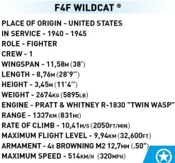 Cobi: World War II - F4F Wildcat (Northrop Grumman) Fighter Plane Historical Collection 1/32 Scale Building Block Construction Set (375 Pieces)