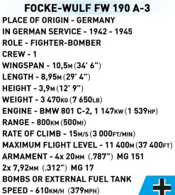 Cobi: World War II - Focke-Wulf FW 190-A3 Fighter Bomber Plane Historical Collection 1/32 Scale Building Block Construction Set (382 Pieces)