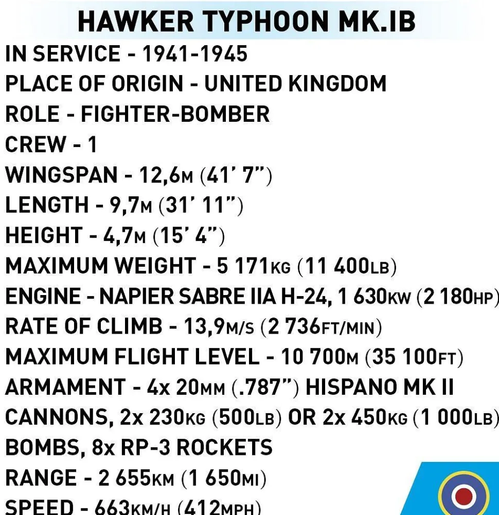 Cobi: World War II - Hawker Typhoon MK.IB Fighter Plane Historical Collection 1/48th Scale Building Block Construction Set (190 Pieces)