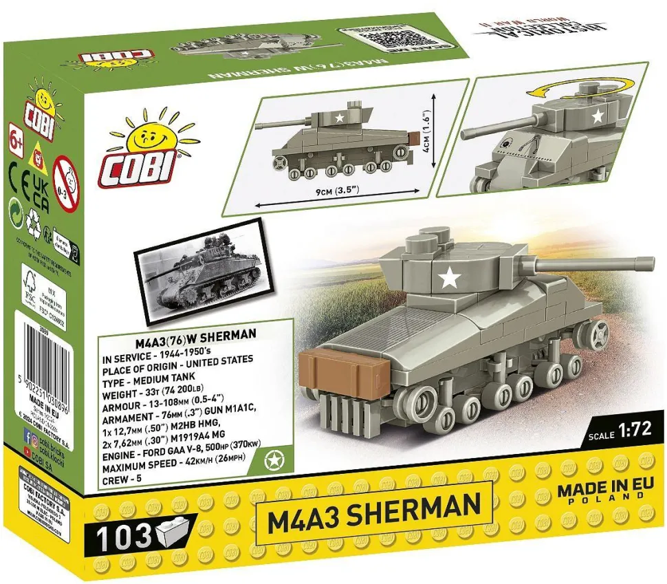 Cobi: World War II - M4A3 Sherman Tank Historical Collection 1/72 Scale Building Block Construction Set (103 Pieces)