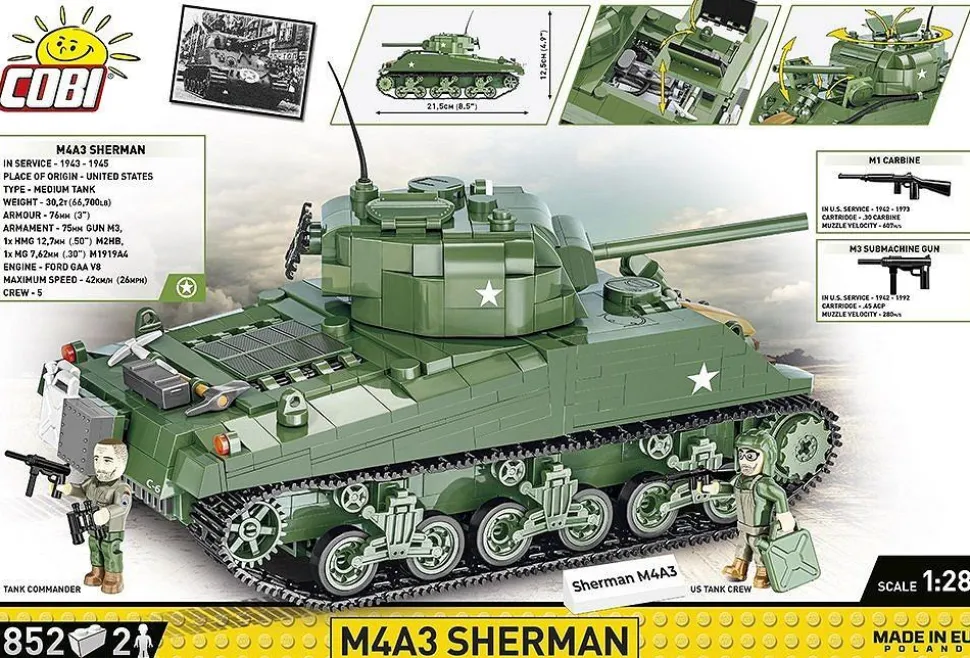 Cobi: World War II - M4A3 Sherman Tank Historical Collection 1/28th Scale Building Block Construction Set (852 Pieces)