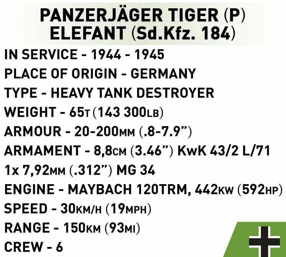 Cobi: World War II - Panzerjager Tiger (P) Elefant Tank Historical Collection 1/28th Scale Building Block Construction Set (1252)