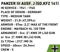 Cobi: World War II - Panzer III Ausf. J Tank 2-in-1 Historical Collection 1/28th Scale Building Block Construction Set (780 Pieces)