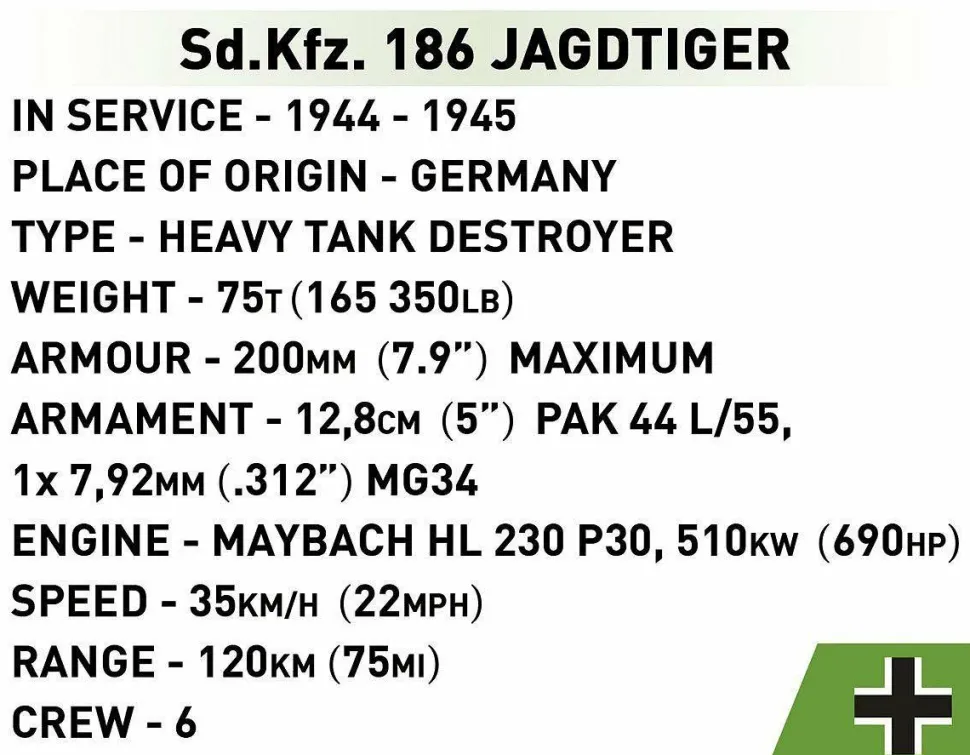 Cobi: World War II - Sd.Kfz. 186 Jagdtiger Tank Historical Collection 1/28th Scale Building Block Construction Set (1280 Pieces)