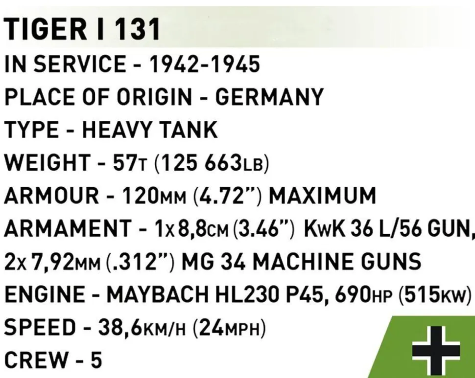 Cobi: World War II - Tiger I 131 Tiger Tank Historical Collection 1/72 Scale Building Block Construction Set (144 Pieces)