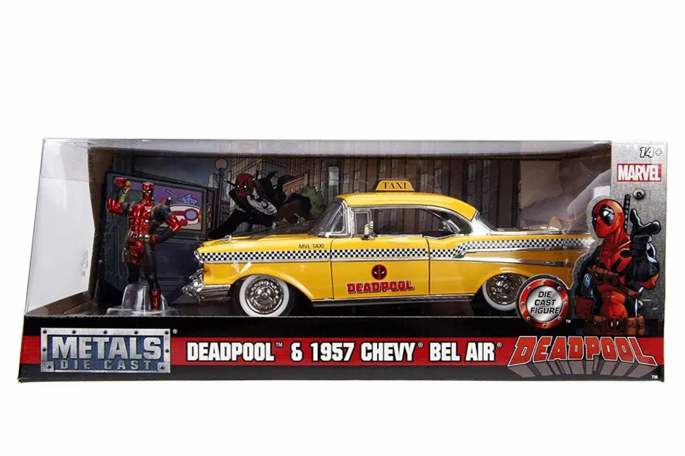 Deadpool - Deadpool with 1957 Chevy Bel Air Yellow Taxi 1/24th Scale Die-Cast Vehicle Replica