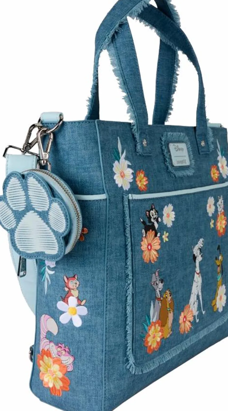 Disney - Dogs & Cats Floral Denim Fringe 13" Faux Leather Convertible Tote Bag with Coin Purse