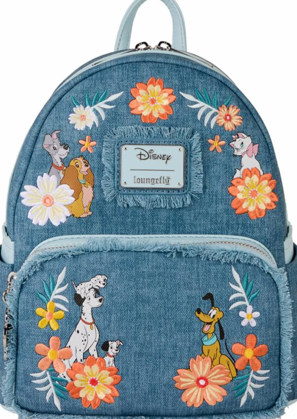 Disney - Dogs & Cats Floral Denim Fringe 10" Faux Leather Mini Backpack