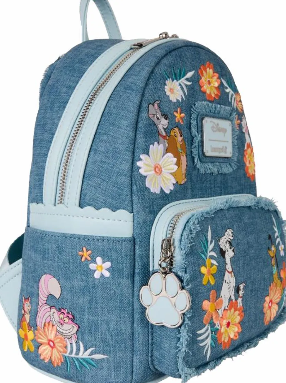 Disney - Dogs & Cats Floral Denim Fringe 10" Faux Leather Mini Backpack