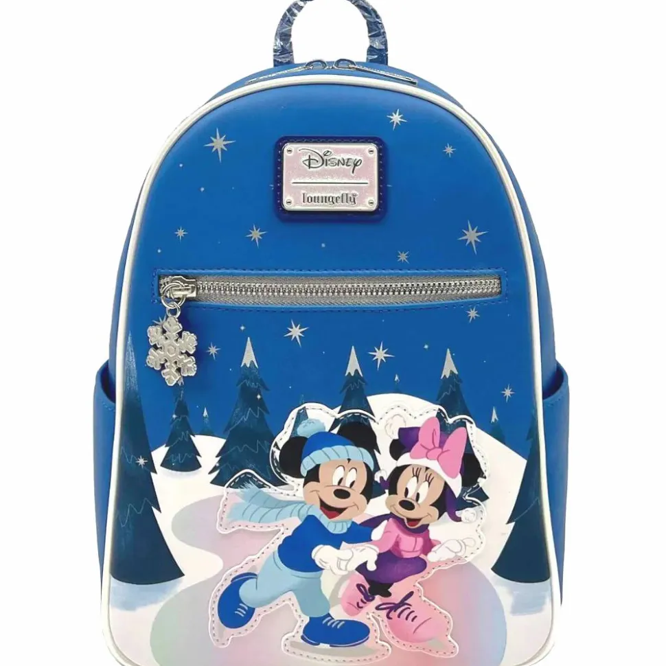 Disney - Mickey & Minnie Mouse Winter Skating Scene 10” Faux Leather Mini Backpack