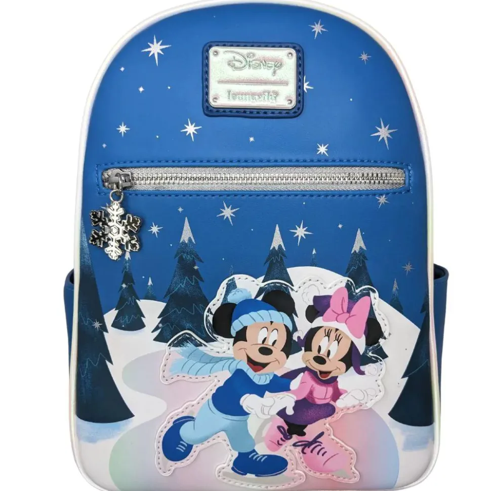 Disney - Mickey & Minnie Mouse Winter Skating Scene 10” Faux Leather Mini Backpack