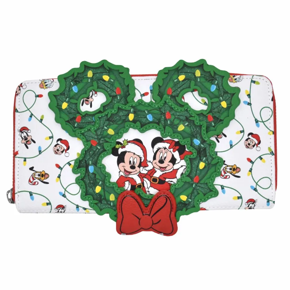 Disney - Mickey, Minnie & Friends Holiday Wreath 4” Faux Leather Zip-Around Wallet