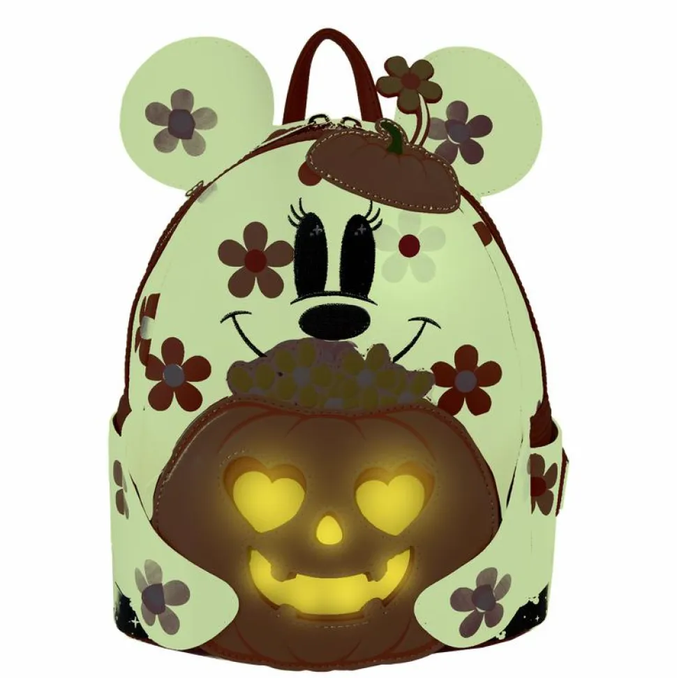 Disney - Minnie Floral Ghost Light Up Glow in the Dark 10" Faux Leather Mini Backpack