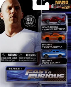 Fast & Furious - Dom's Charger (Daytona), Brian's Toyota Supra and Brian's Ford Escort Nano Hollywood Rides 1.5" Die-Cast Vehicle Replica 3-Pack