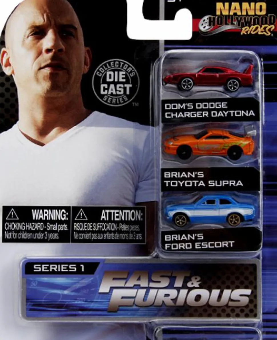 Fast & Furious - Dom's Charger (Daytona), Brian's Toyota Supra and Brian's Ford Escort Nano Hollywood Rides 1.5" Die-Cast Vehicle Replica 3-Pack