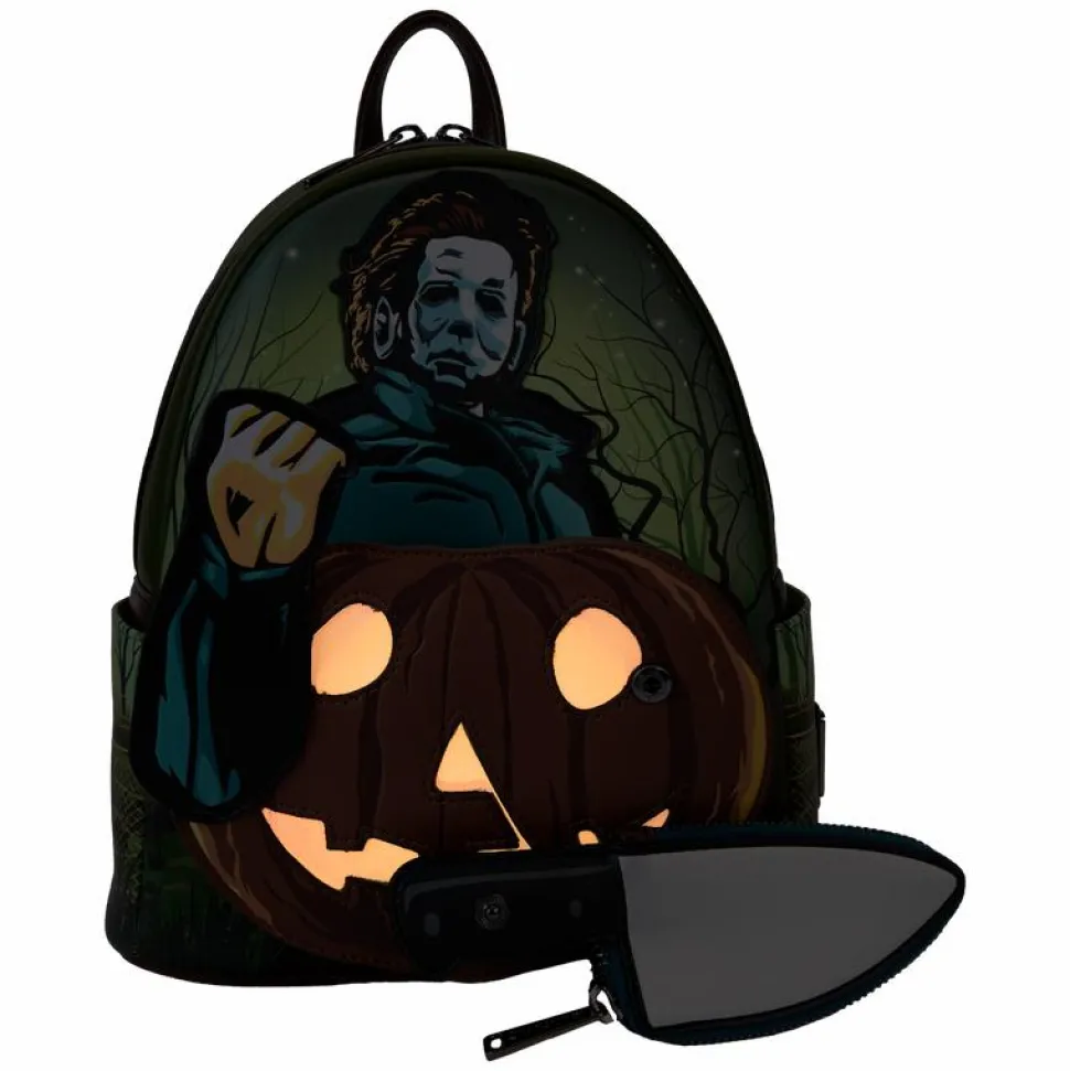 Halloween - Michael Myers Pumpkin Glow in the Dark 10" Faux Leather Mini Backpack with Coin Purse