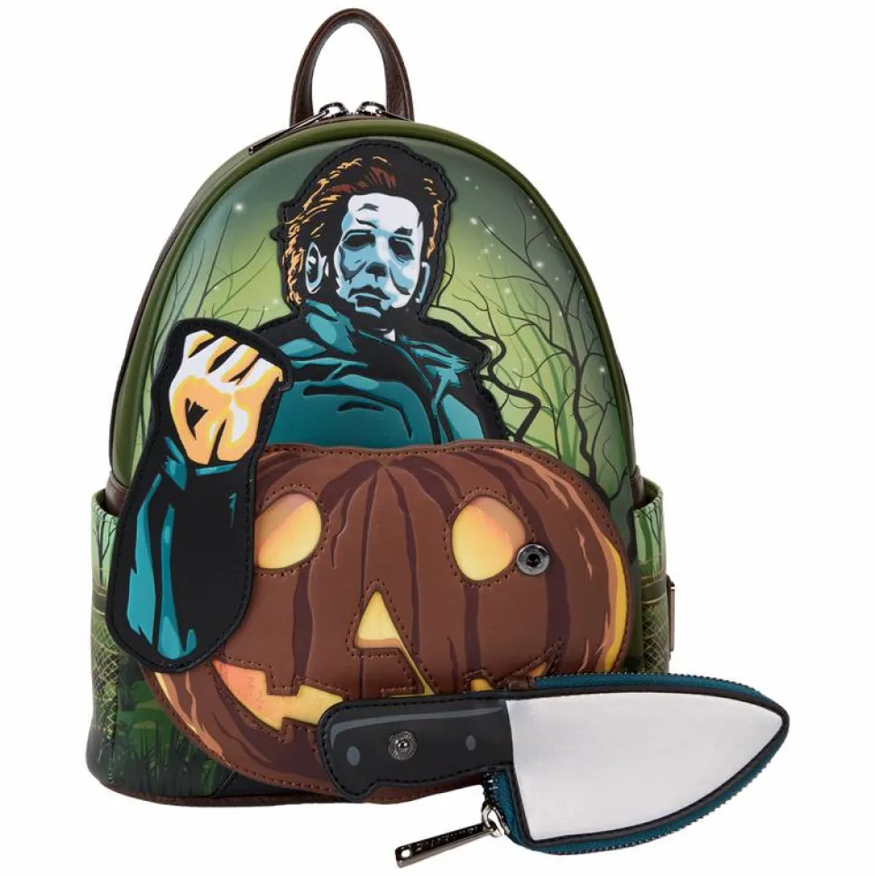 Halloween - Michael Myers Pumpkin Glow in the Dark 10" Faux Leather Mini Backpack with Coin Purse