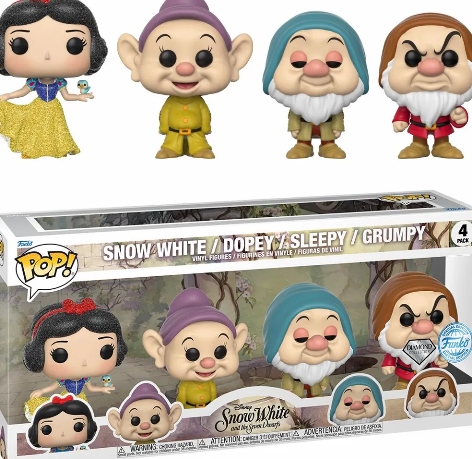 Snow White and the Seven Dwarfs (1937) - Dopey, Sleepy, Doc & Snow White Diamond Glitter Pop! Vinyl Figure 4-Pack