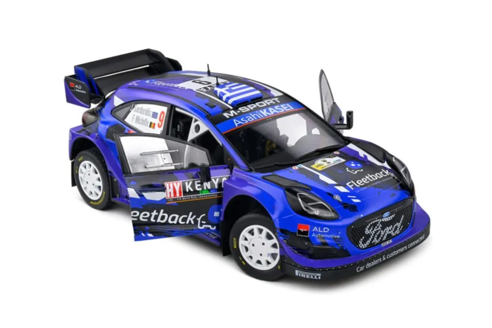 Solido Cars - Blue Ford Puma Rally1 Hybrid (#9 Serderidis / Miclotte 2022 Kenya Safari Rally) 1/18th Scale Die-Cast Vehicle Replica