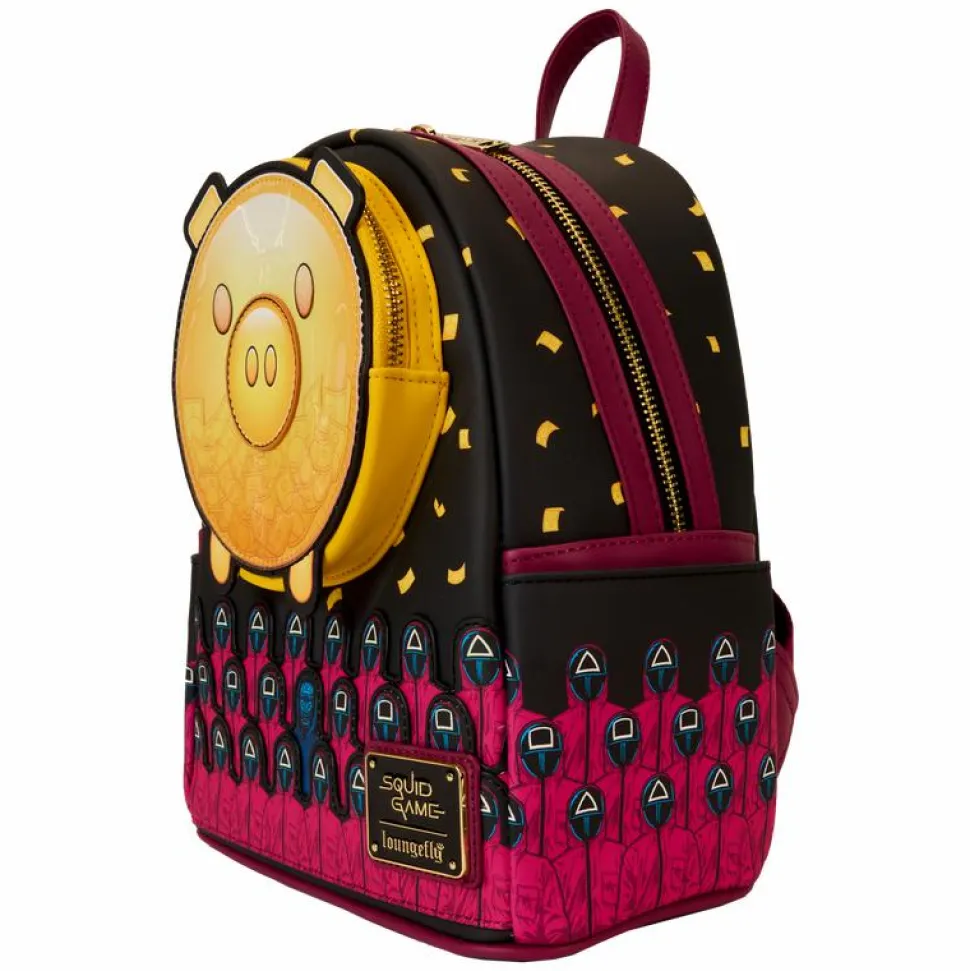 Squid Game - Piggy Bank Masked Men Glow in the Dark 10" Faux Leather Mini Backpack