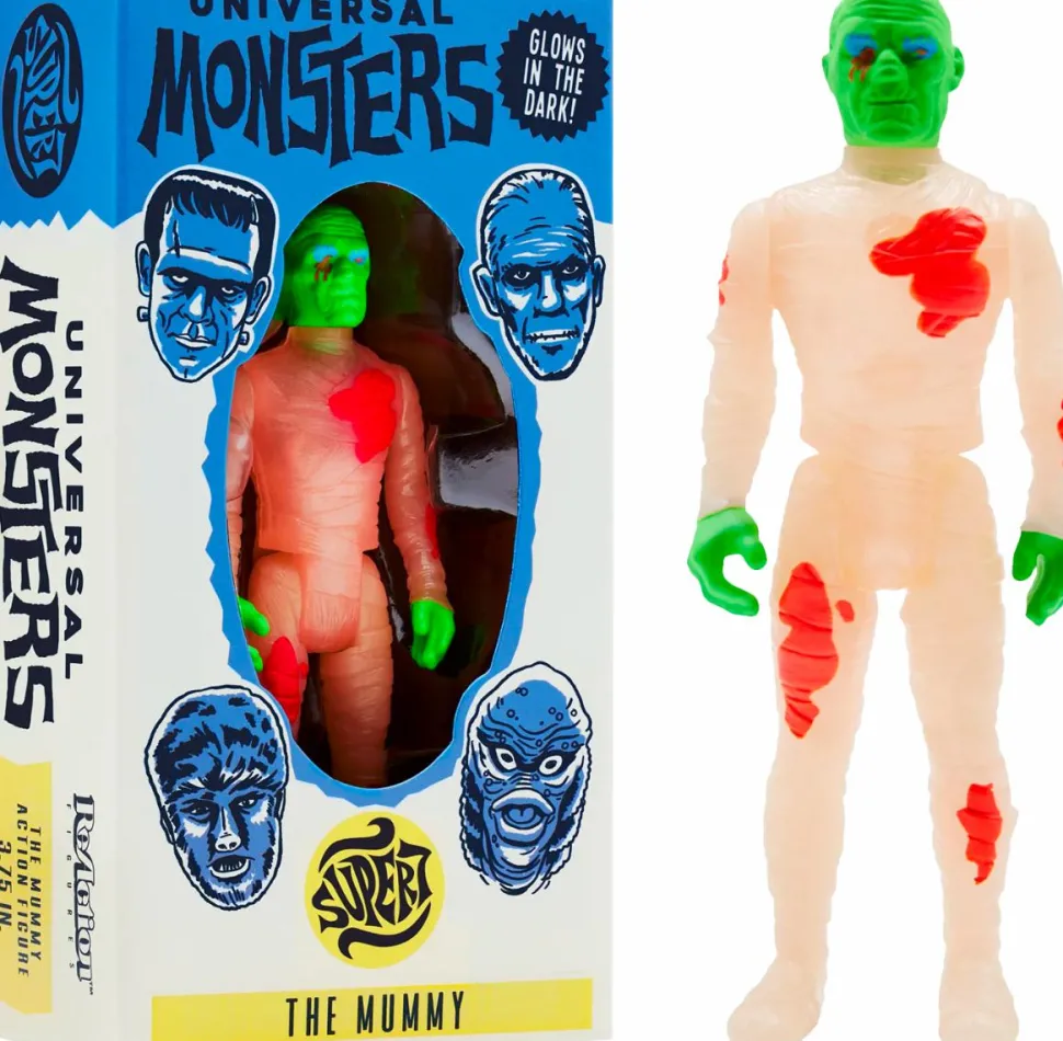 The Mummy (1932) - The Mummy Costume Colours Glow-in-the-Dark ReAction 3.75” Action Figure in Box Packaging