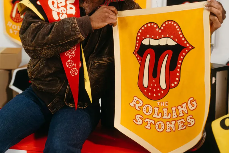 The Rolling Stones - Tongue and Lips Gold Wool Felt Camp Flag (18" x 24")