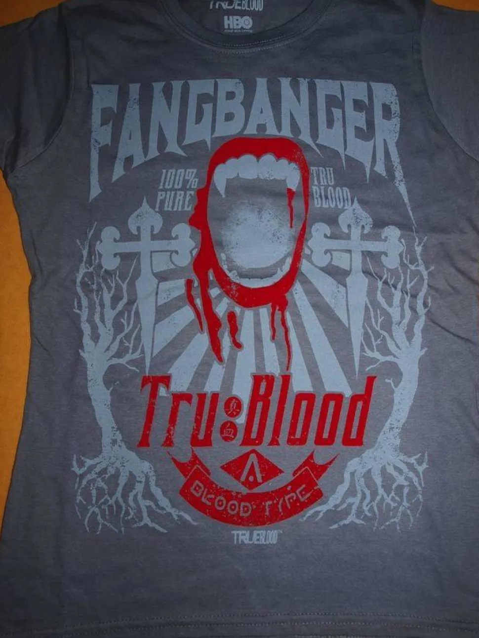 True Blood - Fangbanger Charcoal Female T-Shirt w/ Red Flocking